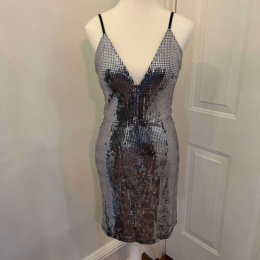 NWT Dear Moon Silver Sparkle Disco Club Dress Size Small